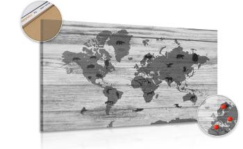 Obraz na korku czarno-biała mapa na drewnie - 120x80  metallic