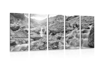 5-częściowy obraz wodospady wysokogórskie w wersji czarno-białej