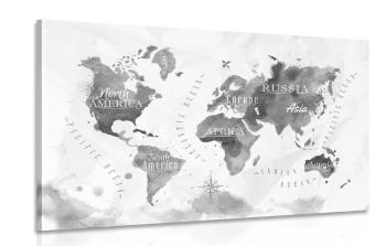 Obraz czarno-biała akwarelowa mapa świata - 60x40