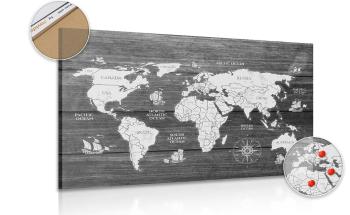 Obraz na korku czarno-biała mapa na drewnie - 120x80  peg