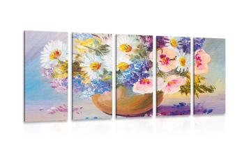 5-częściowy obraz olejny przedstawiający letnie kwiaty - 200x100
