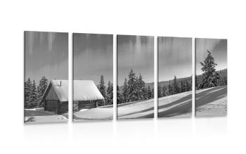 5-częściowy obraz bajkowy zimowy krajobraz w wersji czarno-białej - 200x100