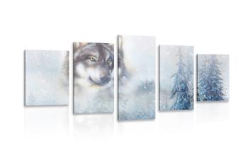5-częściowy obraz wilk w zaśnieżonym krajobrazie - 100x50