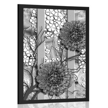 Plakat abstrakcyjne kwiaty na marmurowym tle w czerni i bieli - 30x45 silver