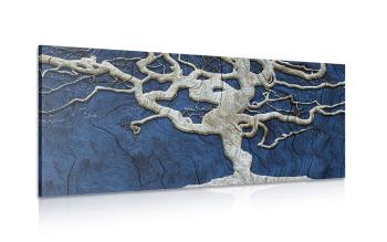 Obraz abstrakcyjnego drzewa na drewnie z niebieskim kontrastem - 100x50