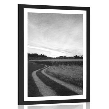 Plakat z passe-partout zachodzące słońce nad krajobrazem w czerni i bieli - 30x45 silver