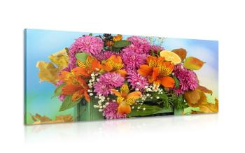 Obraz kompozycja z jesiennych kwiatów w skrzynce - 100x50
