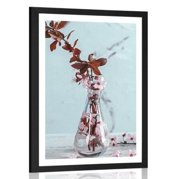Plakat z passe-partout gałązka wiśni w wazonie - 30x45 white