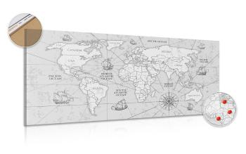 Obraz na korku mapa świata z łodziami w wersji czarno-białej - 120x60  metallic