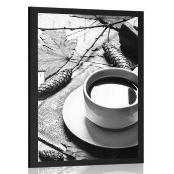 Plakat filiżanka kawy w jesiennym nastroju w czerni i bieli