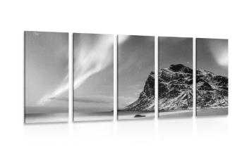 5-częściowy obraz zorza polarna w Norwegii w wersji czarno-białej - 100x50