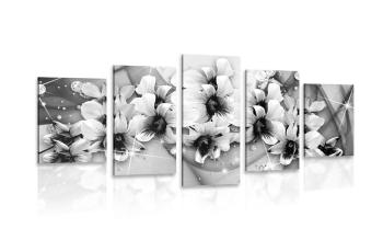 5-częściowy obraz czarne i białe kwiaty na abstrakcyjnym tle - 100x50