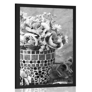 Plakat kwiaty goździków w czarno-białej mozaikowej doniczce - 20x30 silver