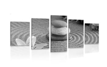 5-częściowy obraz Ogród Zen i kamienie w piasku w czarnobiałym kolorze - 100x50