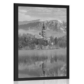 Plakat kościół nad jeziorem Bled w Słowenii w czerni i bieli - 20x30 silver