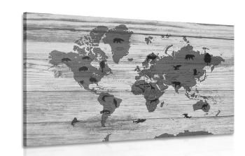 Obraz czarno-biała mapa na drewnianym podkładzie - 90x60