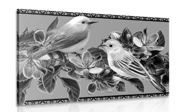 Obraz czarno-białe ptaki i kwiaty w stylu vintage - 120x80