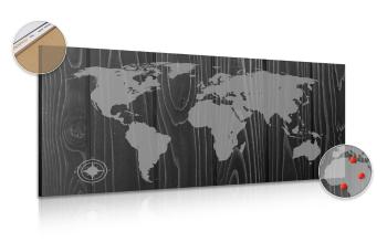 Obraz na korku czarno-biała mapa z kompasem na drewnie - 120x60  peg