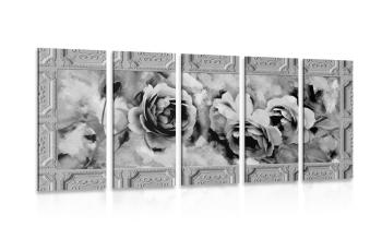5-częściowy obraz róże w historycznej ramie w wersji czarno-białej - 100x50
