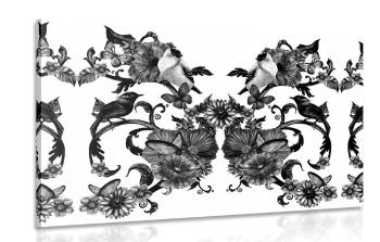 Obraz czarno-biała martwa natura z kwiatami i ptakami - 60x40