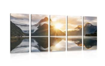 5-częściowy obraz piękny wschód słońca na Nowej Zelandii - 200x100