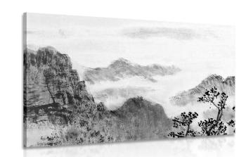Obraz tradycyjne chińskie malarstwo pejzażowe w wersji czarno-białej - 90x60