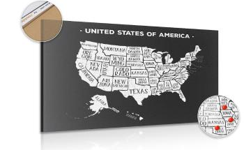 Obraz mapa edukacyjna USA w wersji czarno-białej na korku - 120x80  metallic