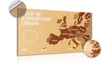 Obraz mapa edukacyjna z nazwami państw Unii Europejskiej w odcieniach brązu na korku - 90x60