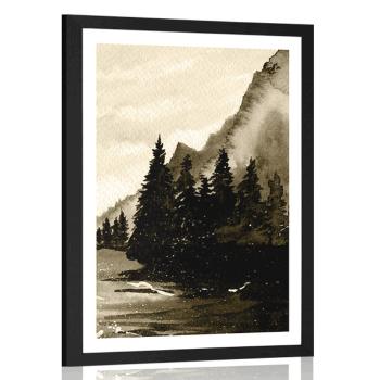 Plakat z passe-partout zimowy krajobraz kreskówkowy w sepiowym kolorze - 30x45 black