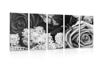 5-częściowy obraz bukiet róż w stylu retro w wersji czarno-białej - 200x100