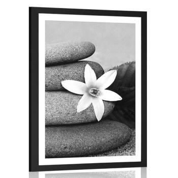 Plakat z passe-partout kwiat i kamienie na piasku w czerni i bieli - 30x45 white