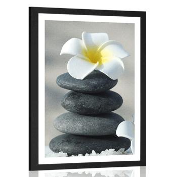 Plakat z passe-partout harmonijne kamienie i kwiat plumerii