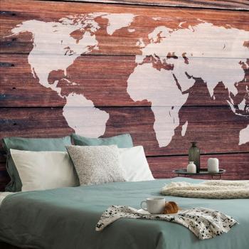 Tapeta mapa świata z drewnianym tłem - 150x100