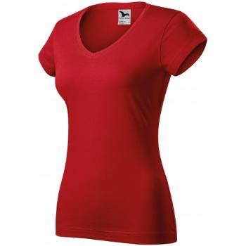 T-shirt damski slim fit z dekoltem w szpic, czerwony, M