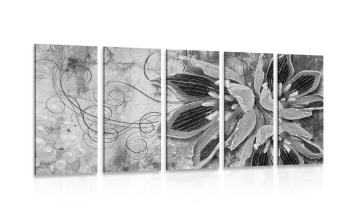 5-częściowy obraz kwiaty z perłami w wersji czarno-białej - 200x100