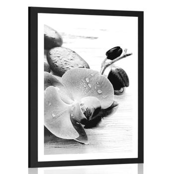 Plakat z passe-partout magiczna gra kamieni i orchidei w czerni i bieli - 60x90 silver