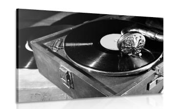 Obraz gramofon z płytą winylową w kolorze czarno-białym