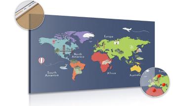 Obraz na korku mapa świata z punktami orientacyjnymi - 90x60  flags
