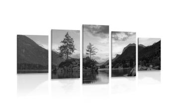 5-częściowy obraz czarny i biały krajobraz górski nad jeziorem - 100x50