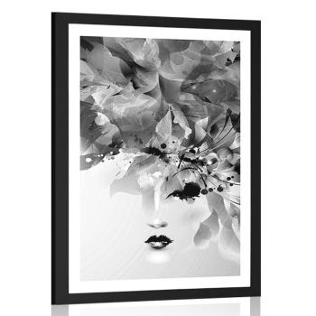 Plakat z passe-partout modna kobieca twarz z abstrakcyjnymi elementami w czerni i bieli - 40x60 white