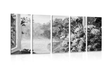 5-częściowy obraz wiosenny bukiet przy oknie w wersji czarno-białej - 200x100