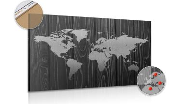 Obraz na korku mapa na drewnie w wersji czarno-białej - 120x80  metallic