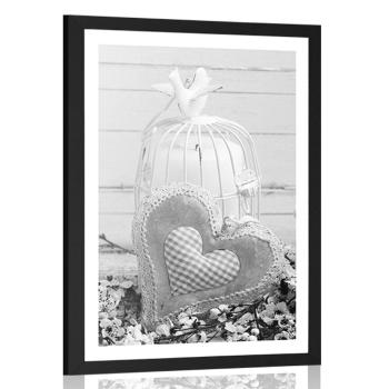 Plakat z passe-partout zabytkowe serce i latarnie w czarno-białym kolorze - 30x45 white