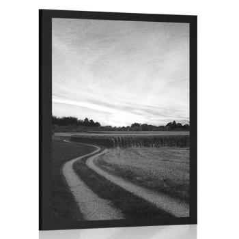 Plakat zachodzące słońce nad krajobrazem w czerni i bieli - 60x90 white
