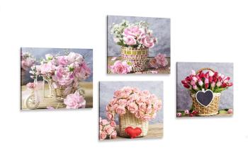 Zestaw obrazów bukiet kwiatów w stylu vintage - 4x 60x60
