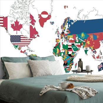 Tapeta mapa świata z flagami z białym tłem - 150x100