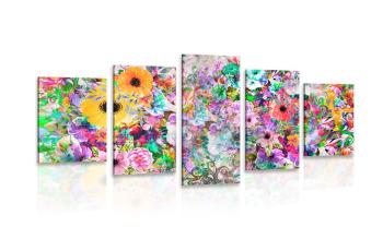 5-częściowy obraz jaskrawo kolorowe kwiaty - 100x50