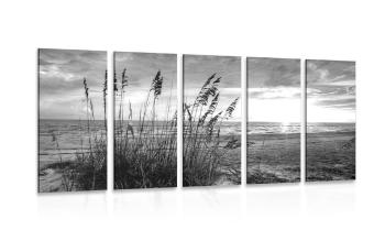 5-częściowy obraz zachód słońca na plaży w wersji czarno-białej - 200x100