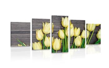 5-częściowy obraz urocze żółte tulipany na drewnianym tle - 100x50