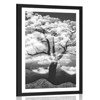 Plakat z passe-partout czarno-białe drzewo pokryte chmurami